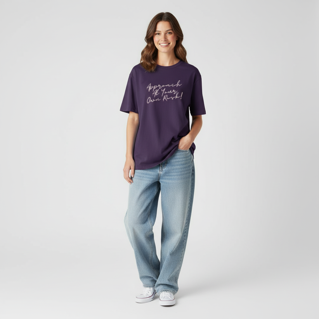 Woman wearing a purple t-shirt 