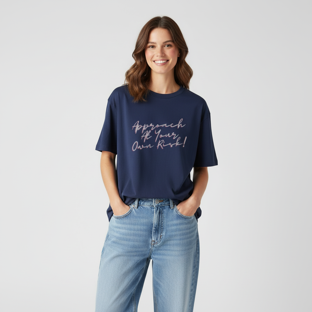 Woman wearing a blue t-shirt