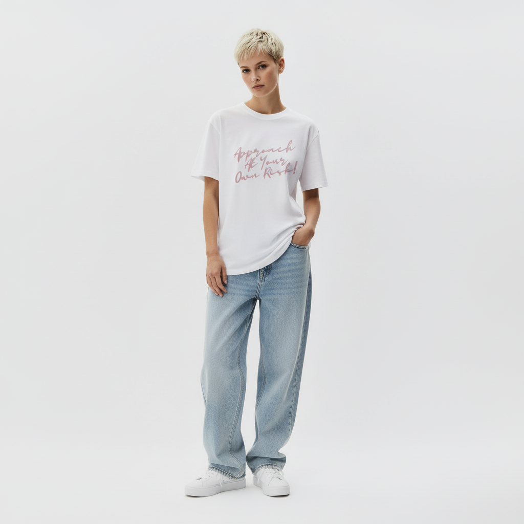 Women wearing a white t-shirt with text