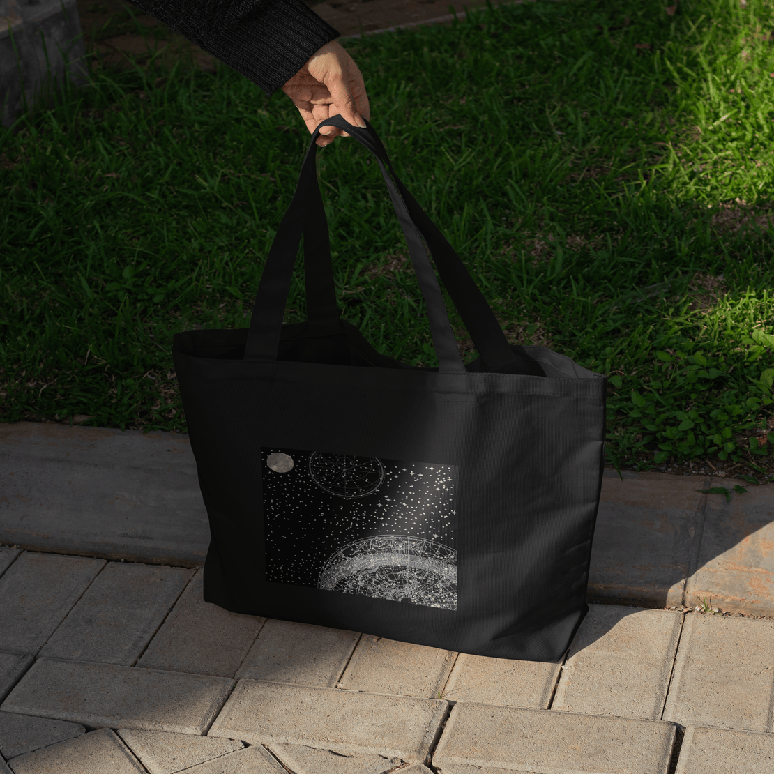 Celestial Aesthetic Black Large Tote Bag 100% Cotton with Zipper