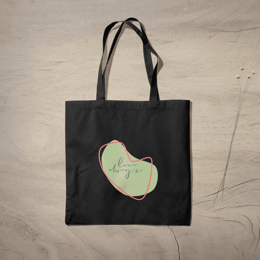 Love Always Pastel Black Tote Bag 100% Cotton with Zipper