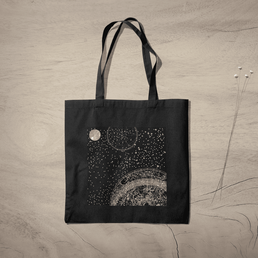 Celestial Aesthetic Black Tote Bag 100% Cotton with Zipper