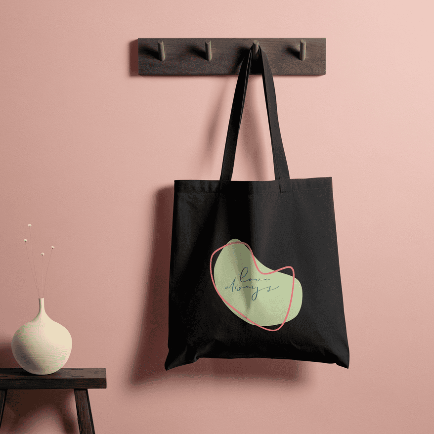 Love Always Pastel Black Tote Bag 100% Cotton with Zipper