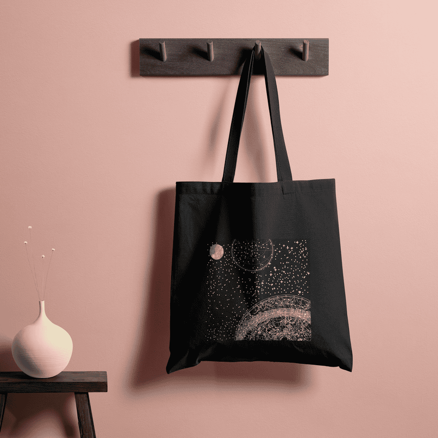 Celestial Aesthetic Black Tote Bag 100% Cotton with Zipper