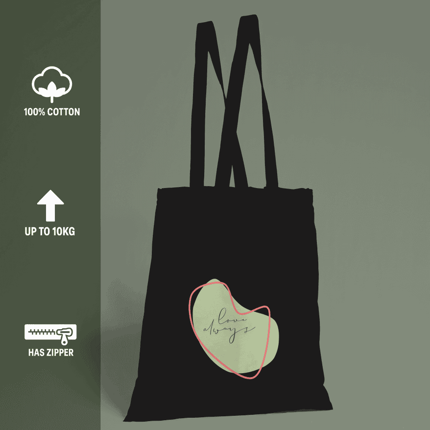 Love Always Pastel Black Tote Bag 100% Cotton with Zipper