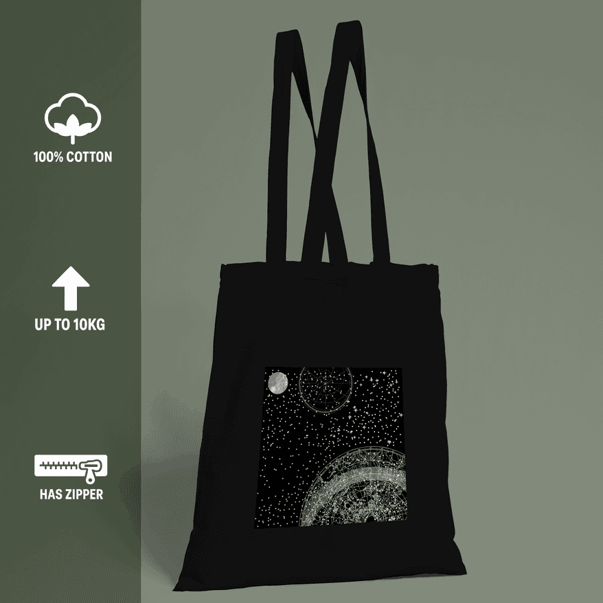 Celestial Aesthetic Black Tote Bag 100% Cotton with Zipper