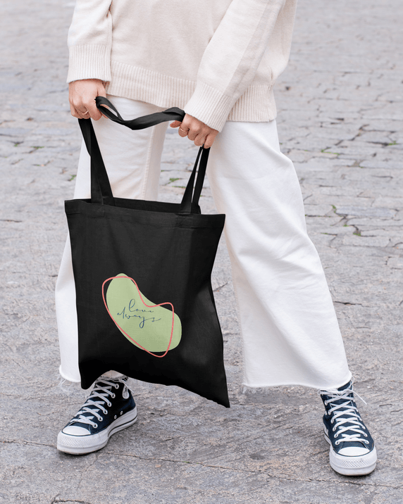 Love Always Pastel Black Tote Bag 100% Cotton with Zipper