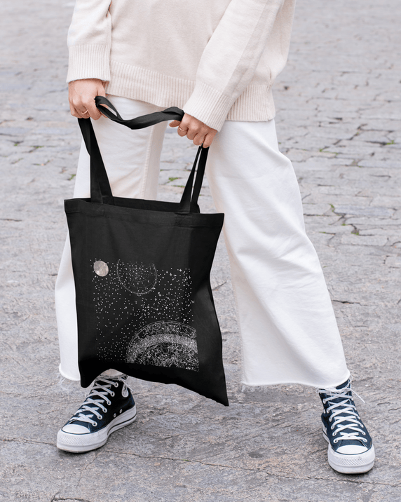 Celestial Aesthetic Black Tote Bag 100% Cotton with Zipper