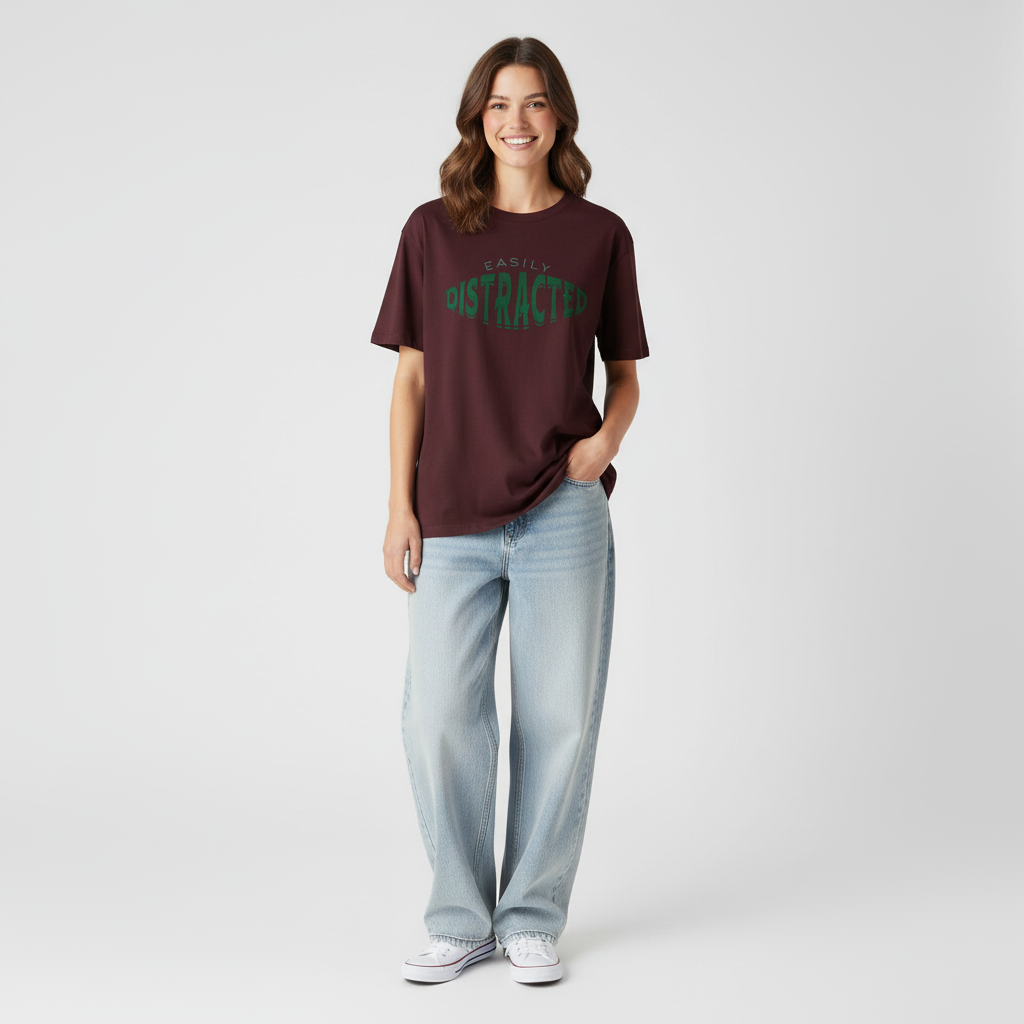 Easily Distracted Women Oversized T-shirt Pure Cotton - MAROON