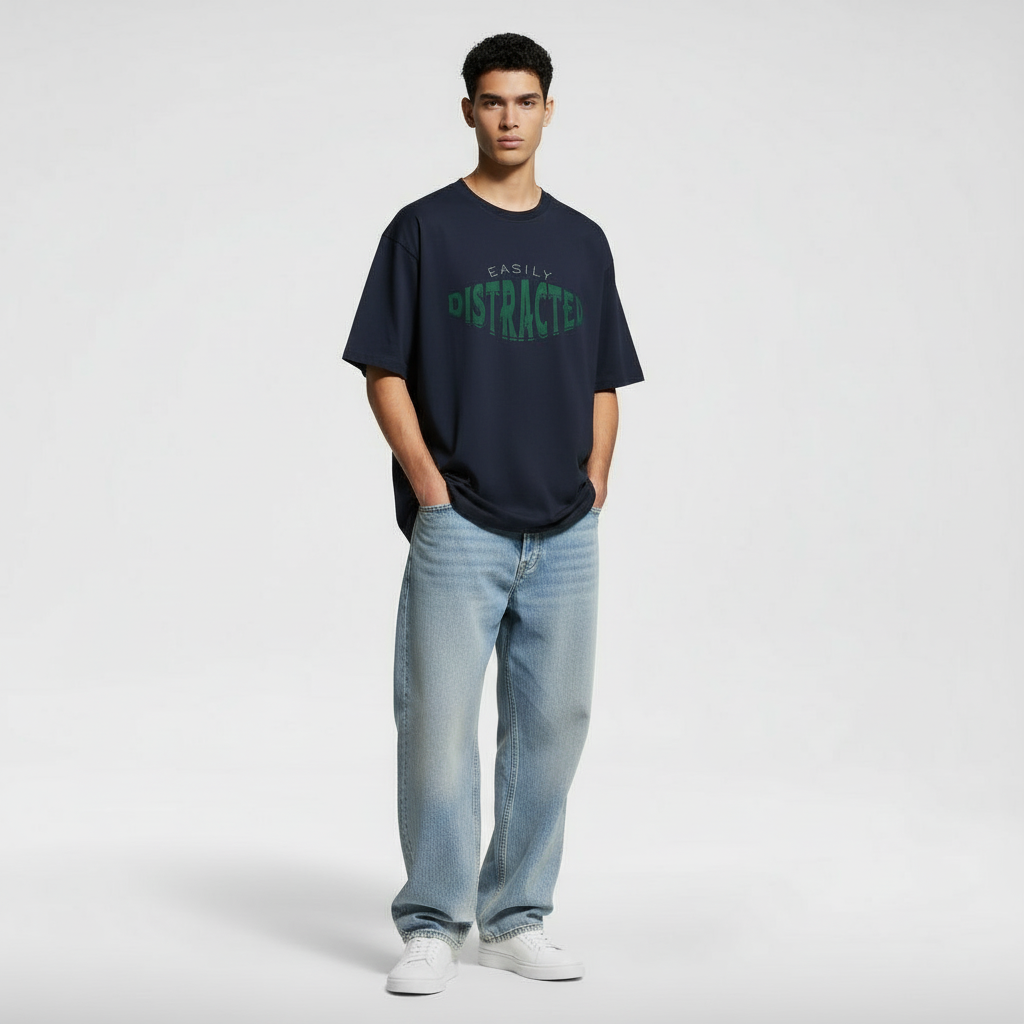 Easily Distracted Men Oversized T-shirt Pure Cotton - NAVY
