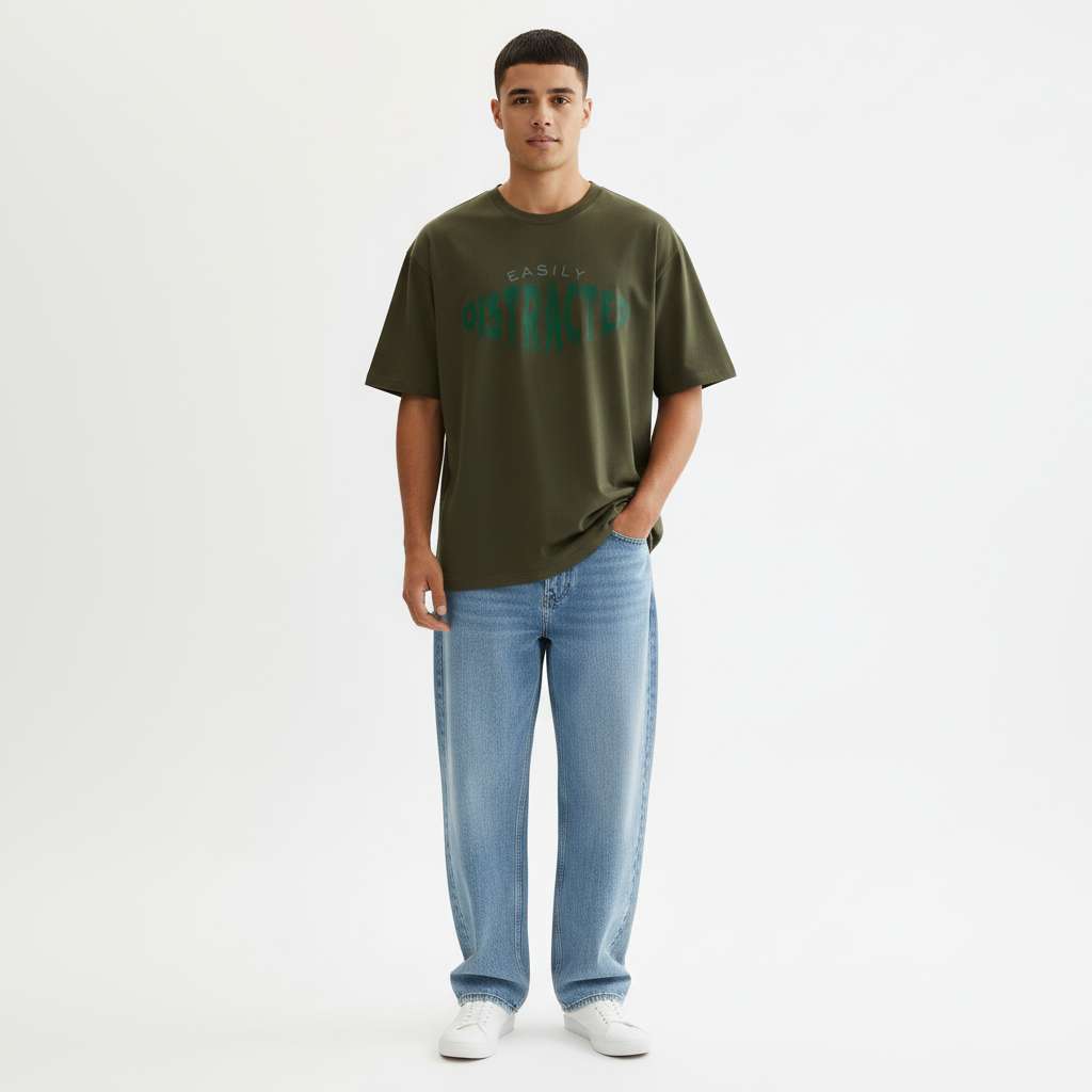 Easily Distracted Men Oversized T-shirt Pure Cotton - OLIVE