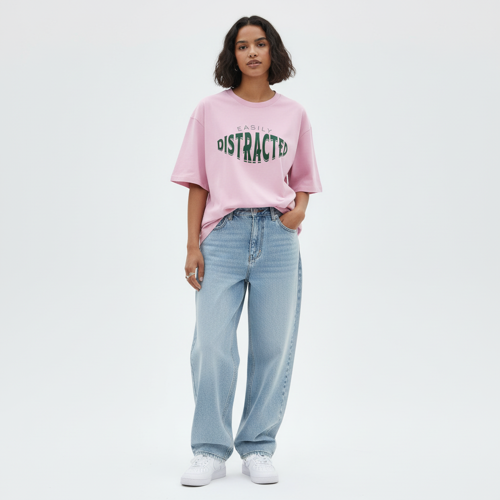 Person wearing a pink oversized t-shirt with text and light blue jeans on a white background