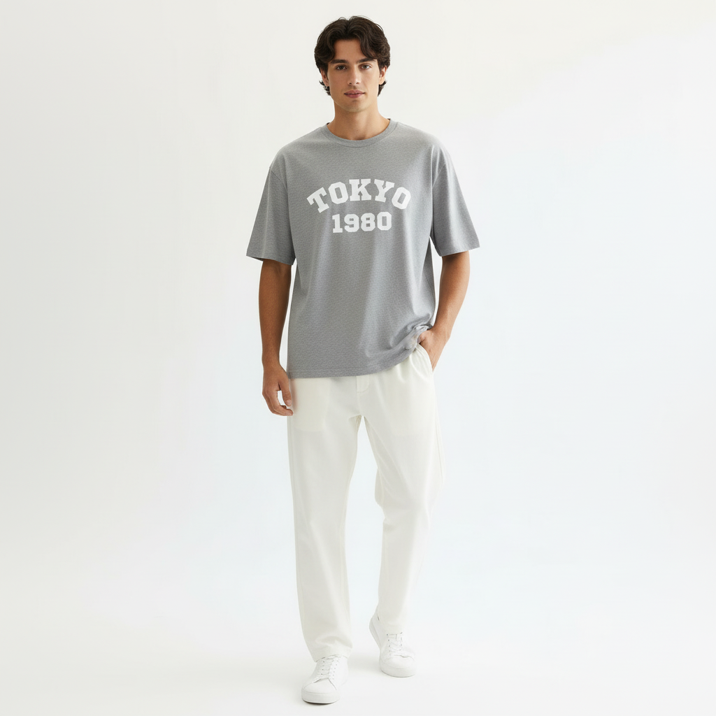 Tokyo 1980 Men Oversized T-shirt Pure Cotton - GREY