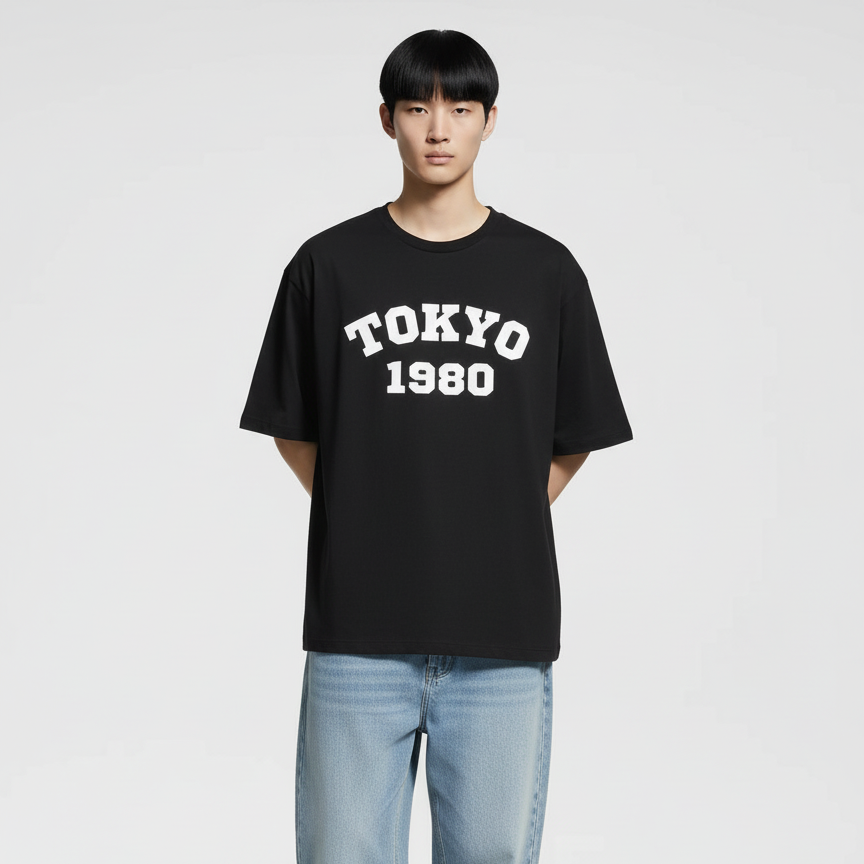 Tokyo 1980 Men Oversized T-shirt Pure Cotton - BLACK