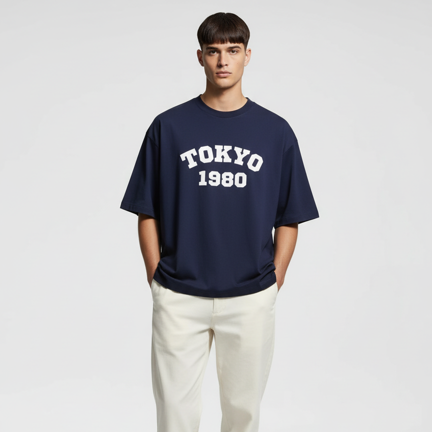 Tokyo 1980 Men Oversized T-shirt Pure Cotton - BLUE