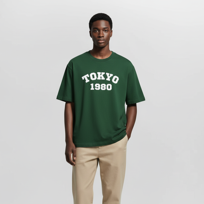 Tokyo 1980 Men Oversized T-shirt Pure Cotton - GREEN