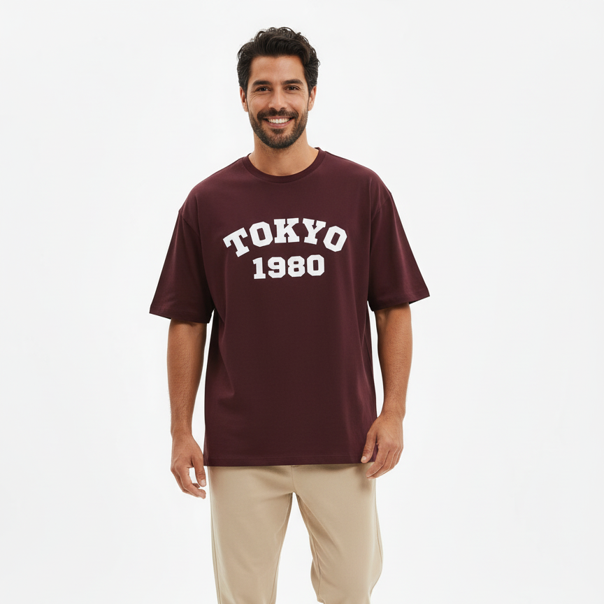 Tokyo 1980 Men Oversized T-shirt Pure Cotton - MAROON