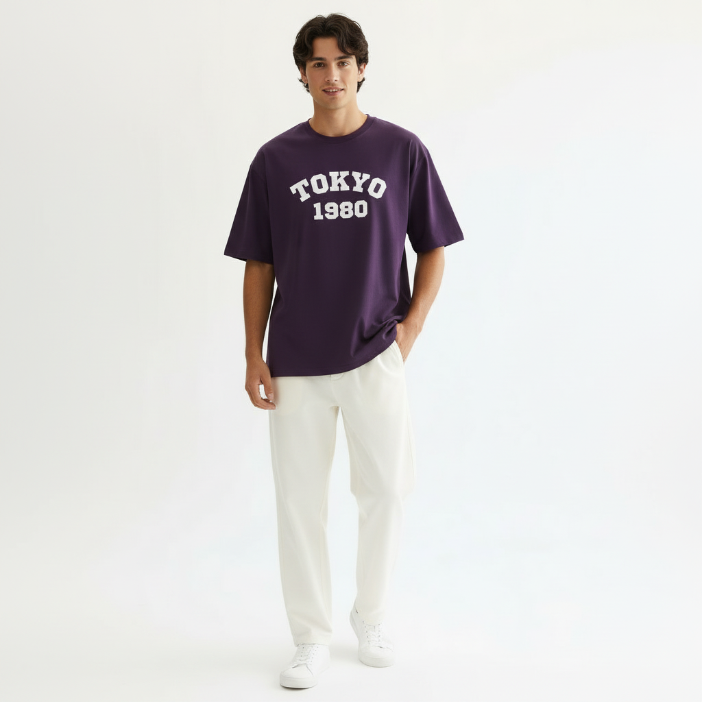Tokyo 1980 Men Oversized T-shirt Pure Cotton - PURPLE