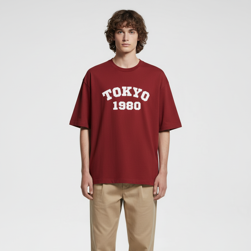 Tokyo 1980 Men Oversized T-shirt Pure Cotton - RED