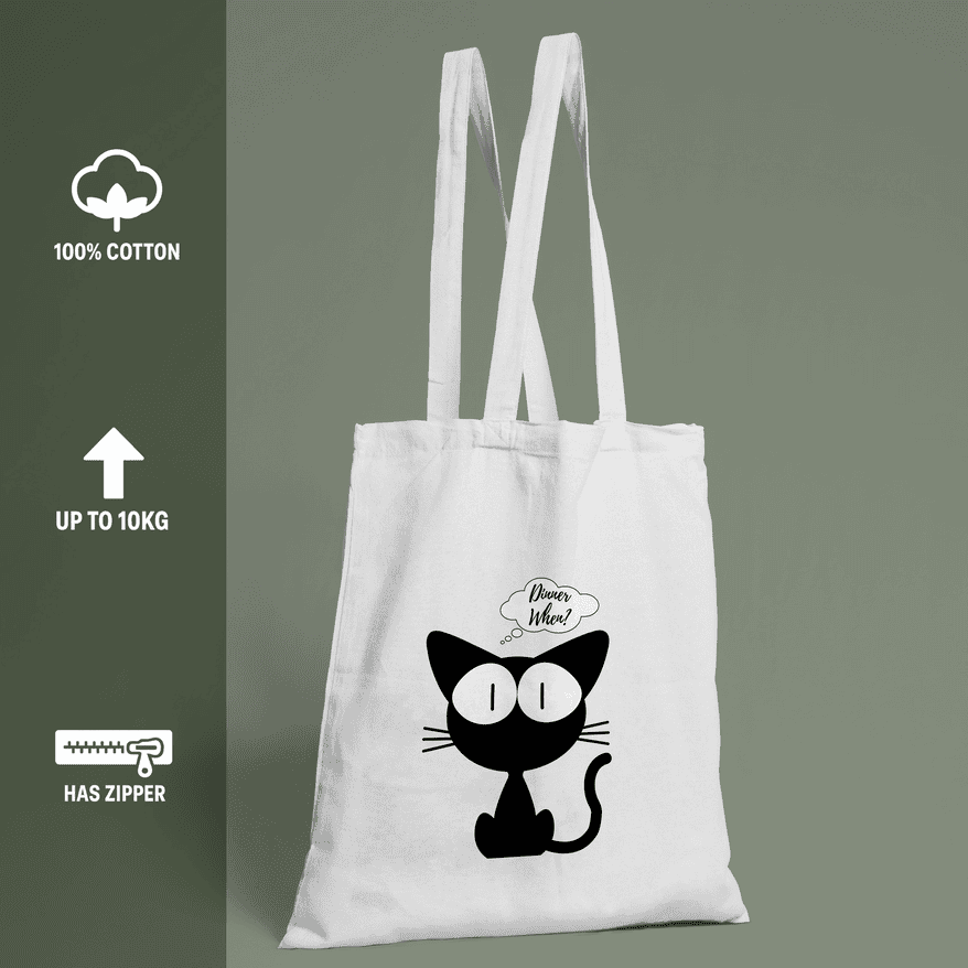 Dinner When Kitty Tote Bag 100% Cotton with Zipper