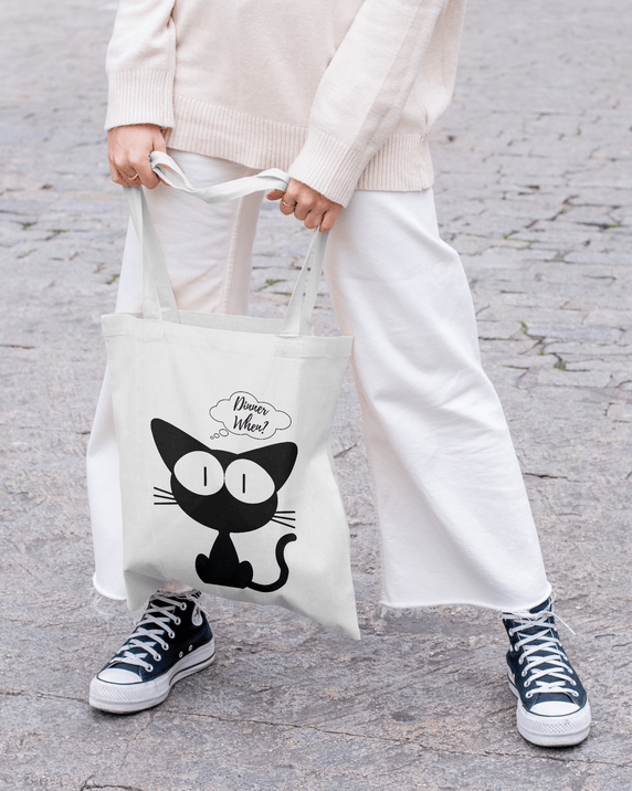 Dinner When Kitty Tote Bag 100% Cotton with Zipper