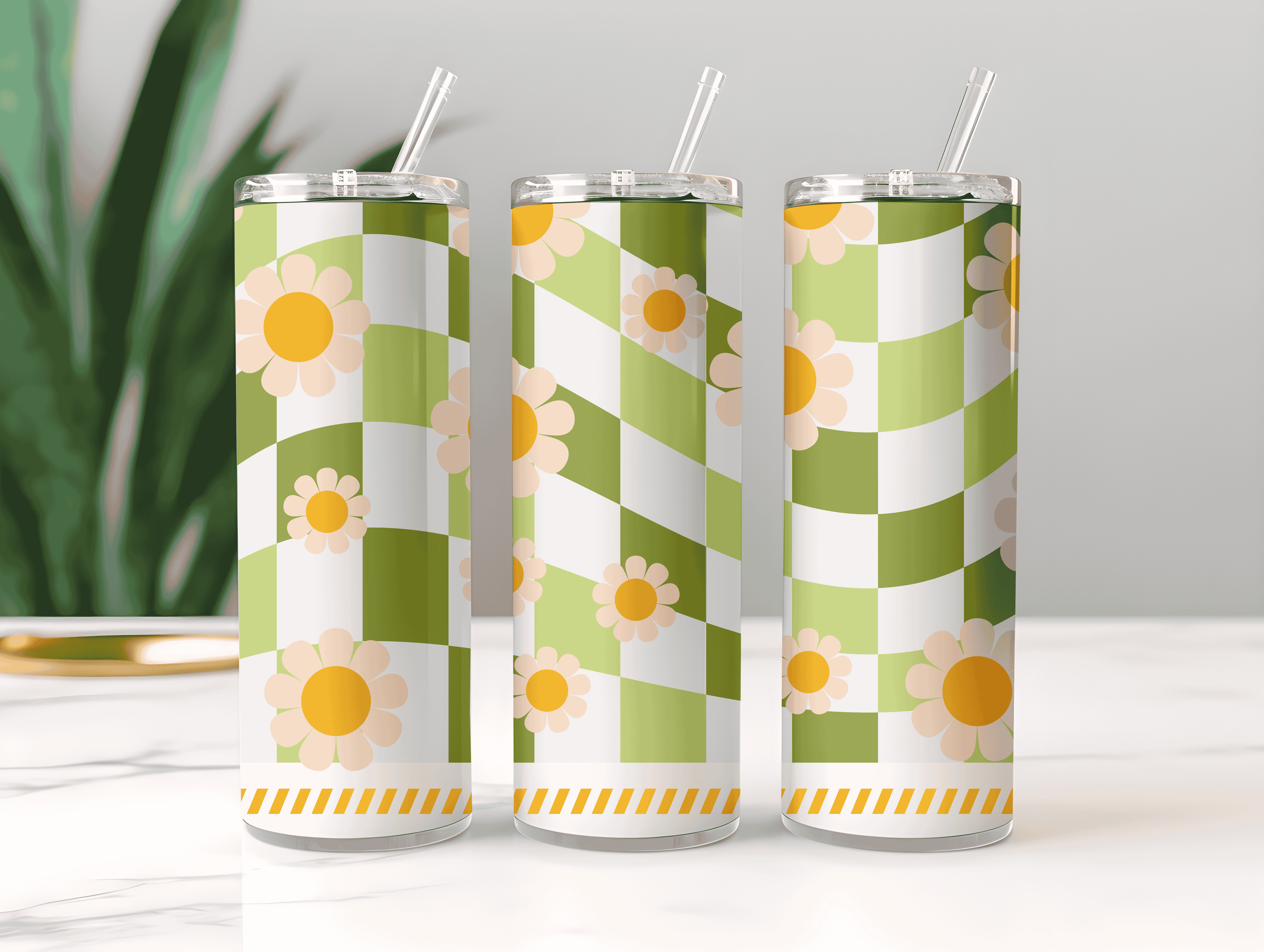 Green Checkered Aesthetic Petal Blooming Tumbler Bottle with Straw