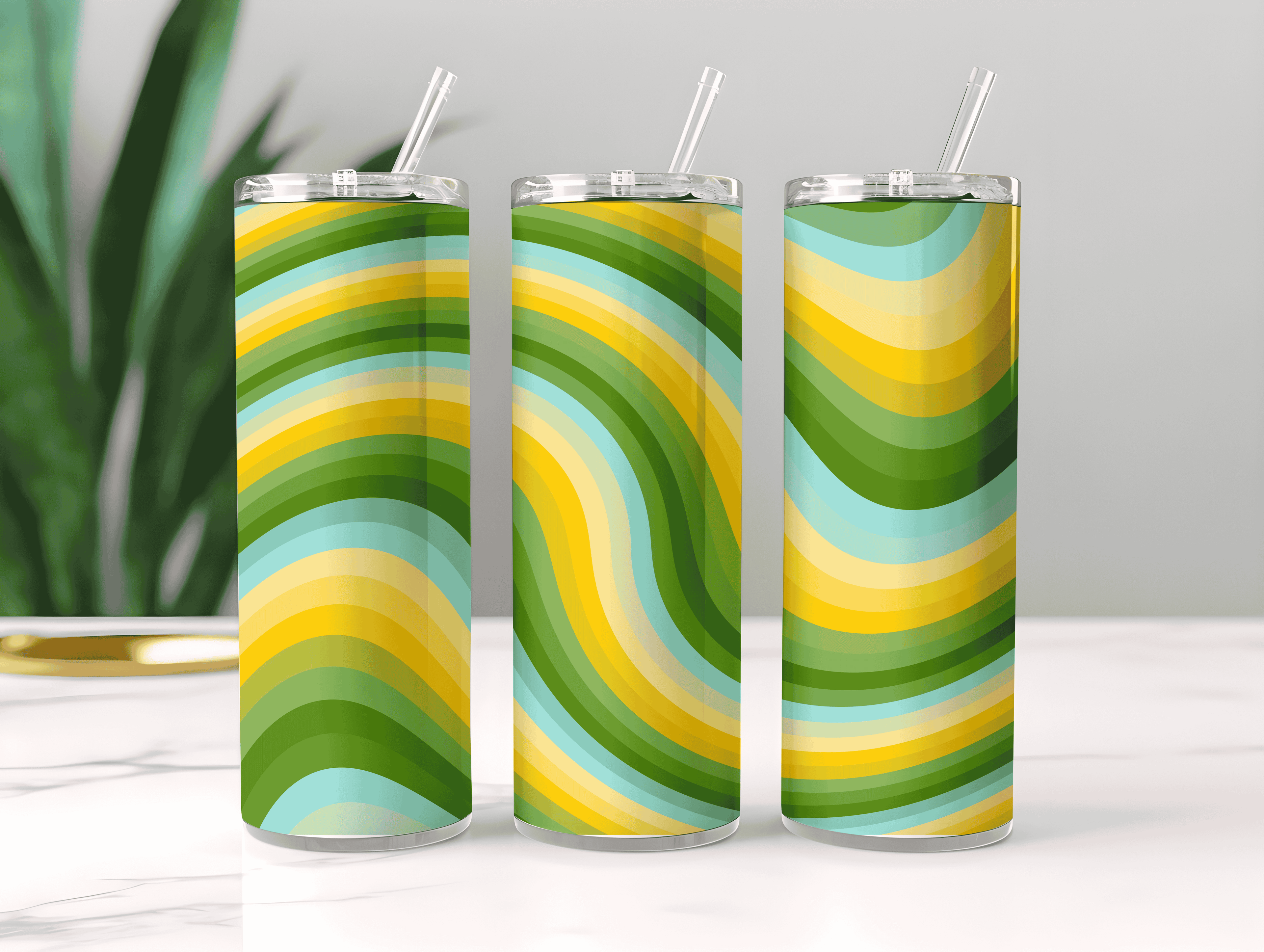 Green Funky Swirl Stripes Tumbler Bottle with Straw