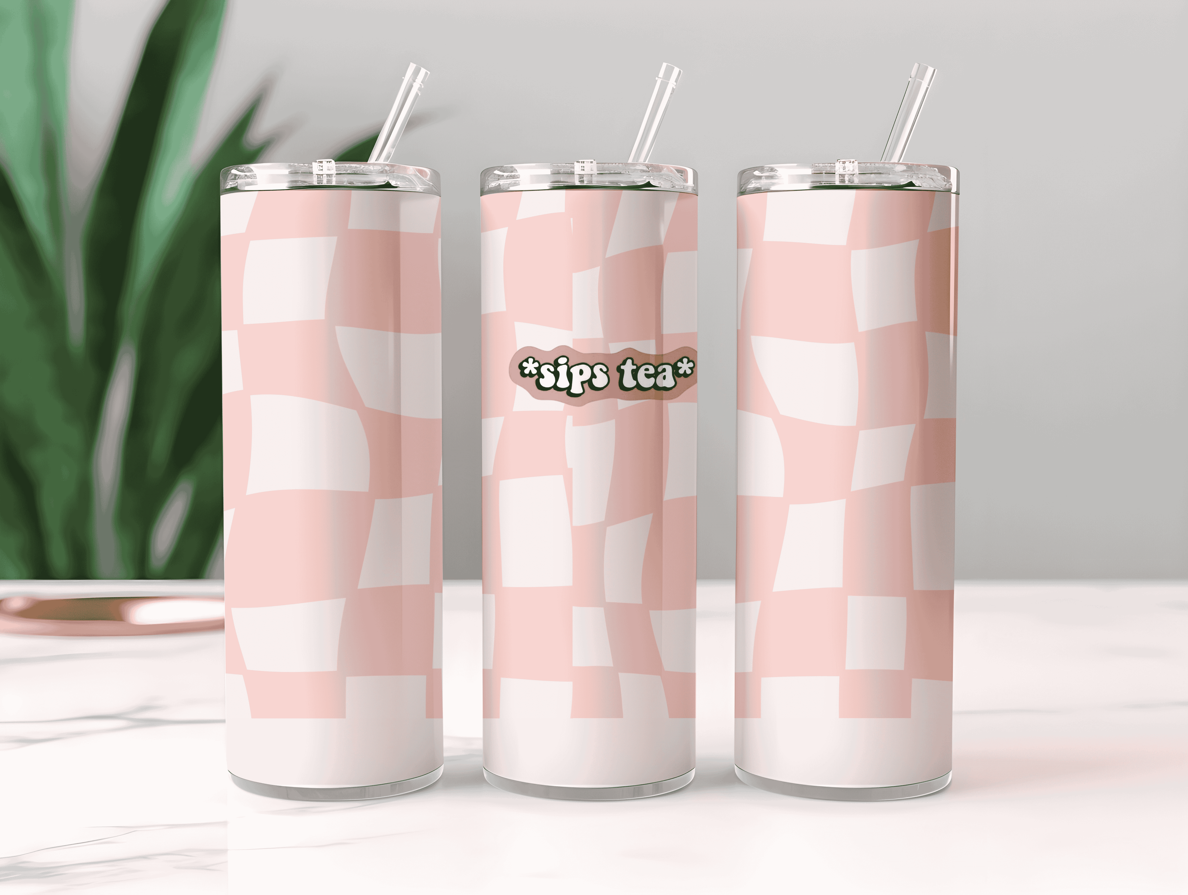 Pink Twist Aesthetic Checkered Tumbler Bottle with Straw