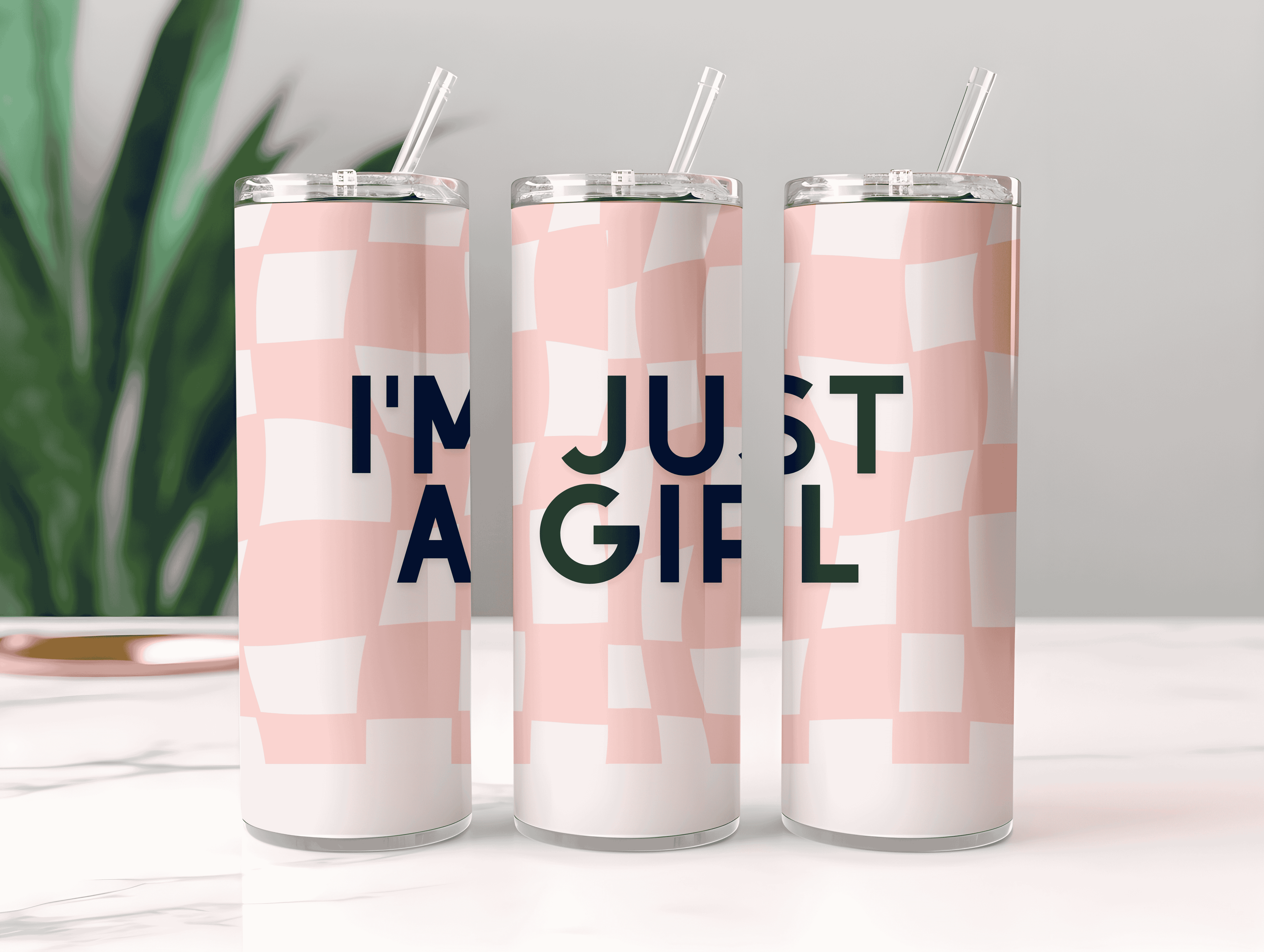 Pink Twist Checkered Tumbler Bottle with Straw