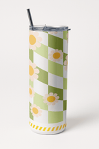Green Checkered Aesthetic Petal Blooming Tumbler Bottle with Straw