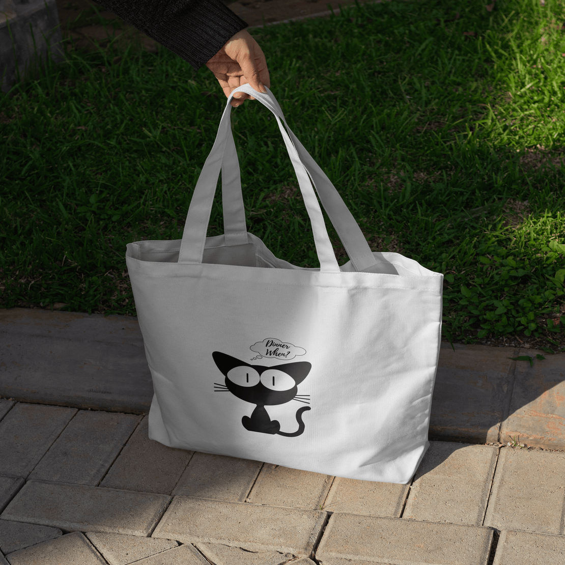 Dinner When Kitty Large Tote Bag 100% Cotton with Zipper