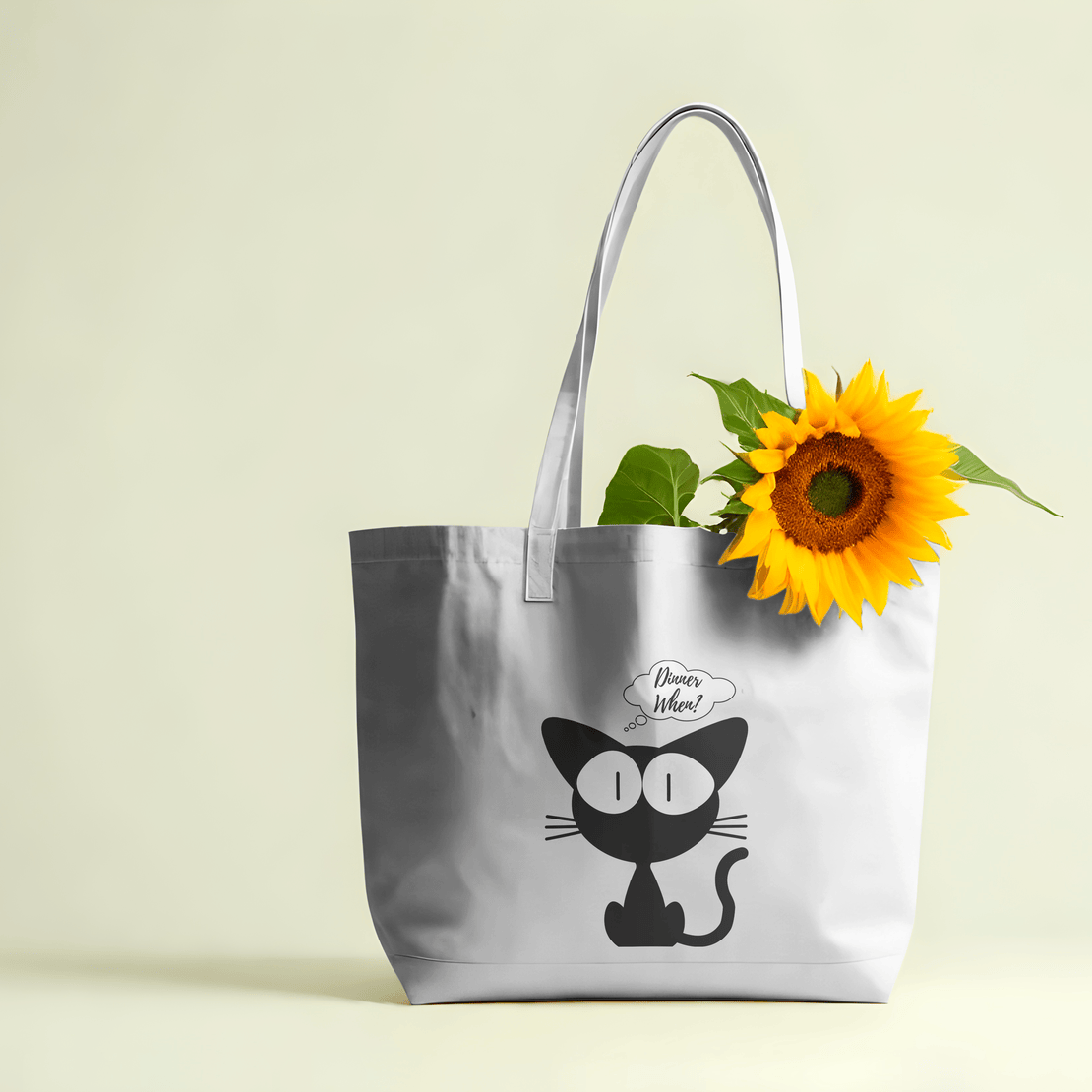Dinner When Kitty Large Tote Bag 100% Cotton with Zipper