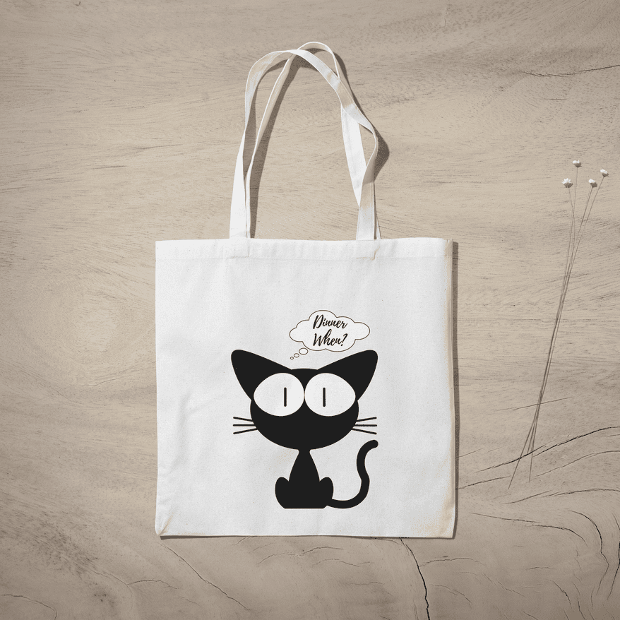 Dinner When Kitty Tote Bag 100% Cotton with Zipper