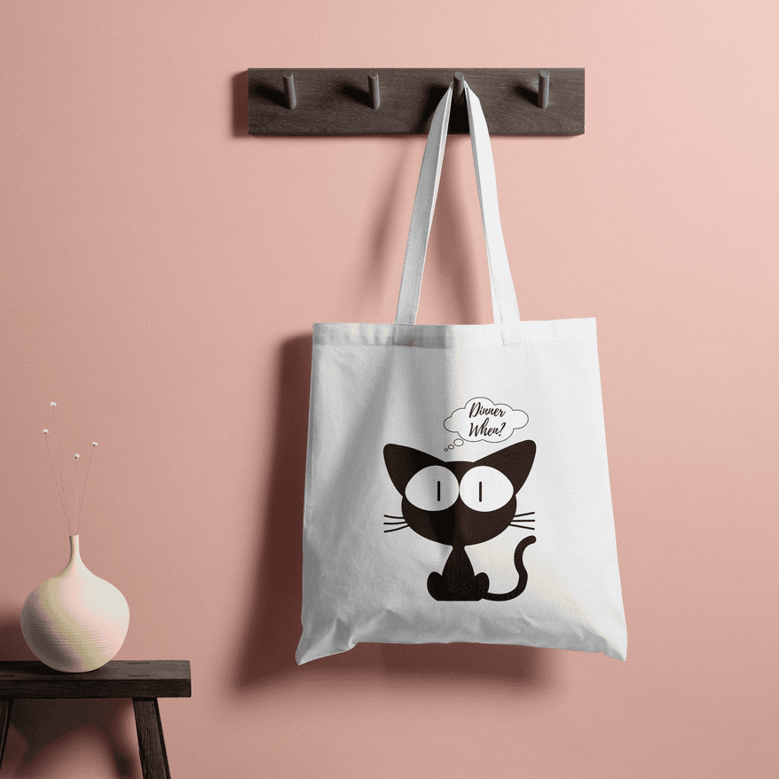 Dinner When Kitty Tote Bag 100% Cotton with Zipper