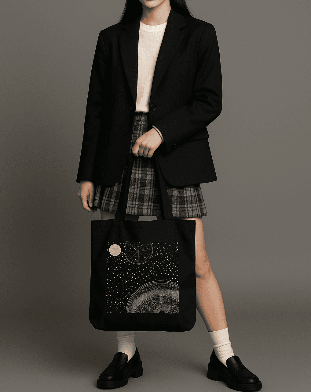 Celestial Aesthetic Black Tote Bag 100% Cotton with Zipper