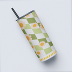 Green Checkered Aesthetic Petal Blooming Tumbler Bottle with Straw
