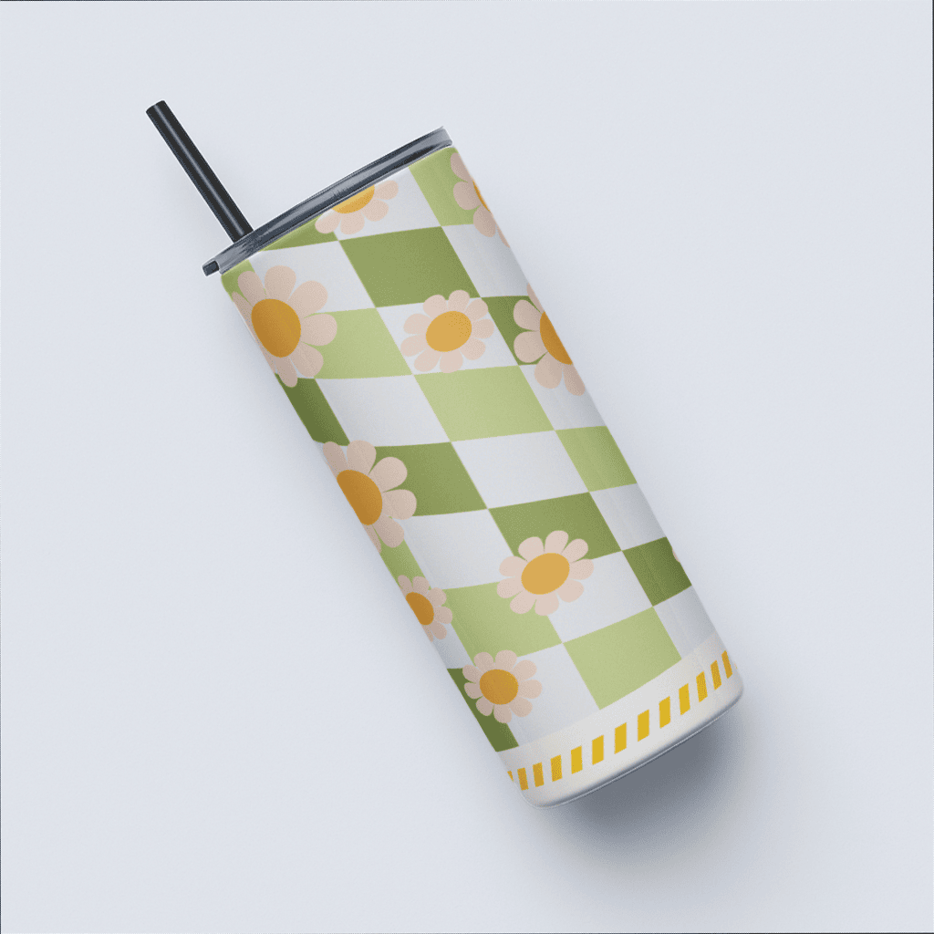 Green Checkered Aesthetic Petal Blooming Tumbler Bottle with Straw