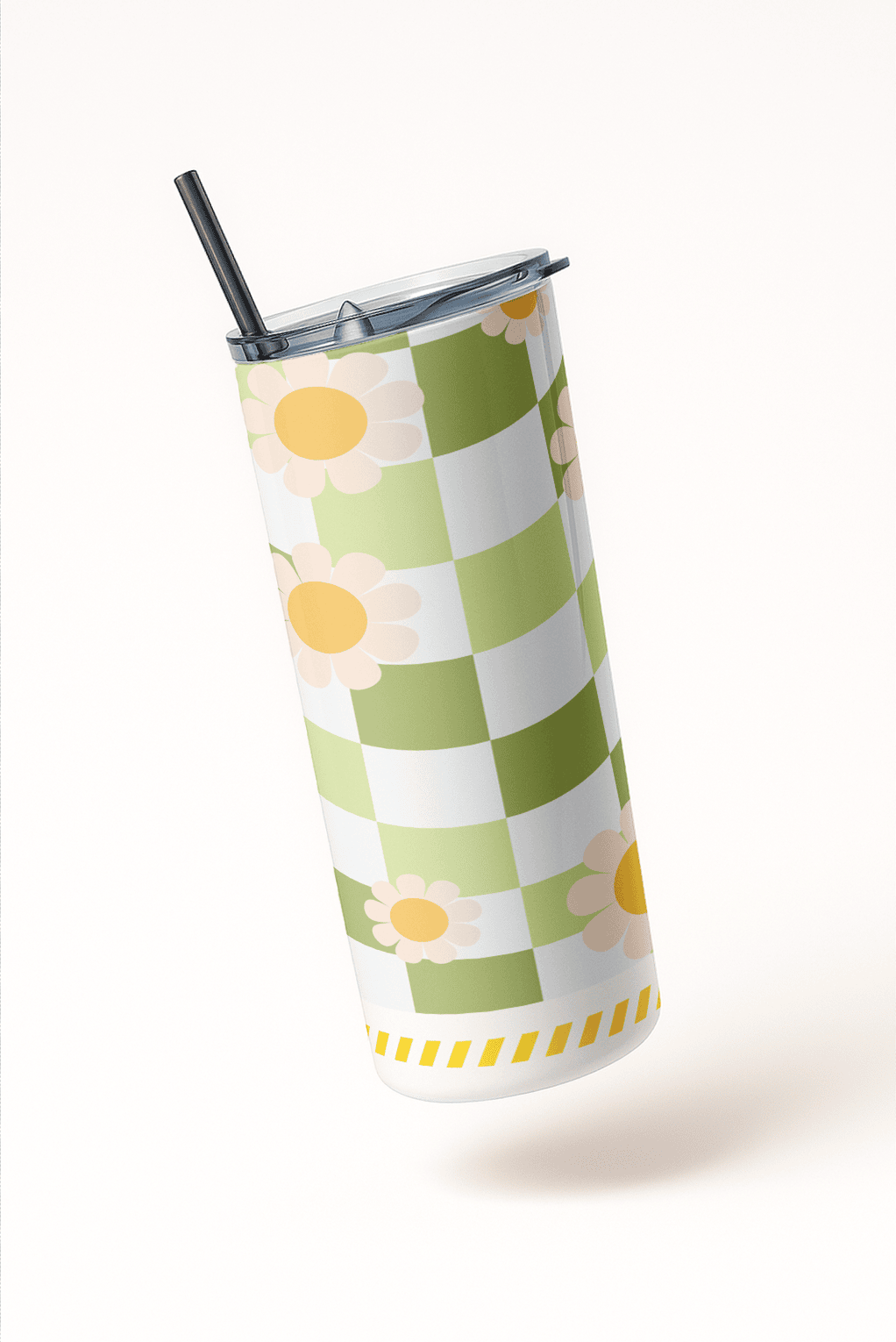 Green Checkered Aesthetic Petal Blooming Tumbler Bottle with Straw